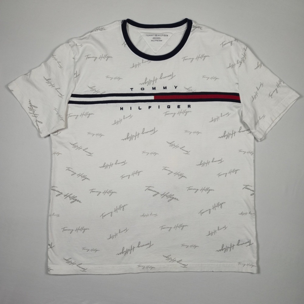 Tommy Hilfiger Logo Signature Print T-Shirt Men's XXL White Navy Stripe